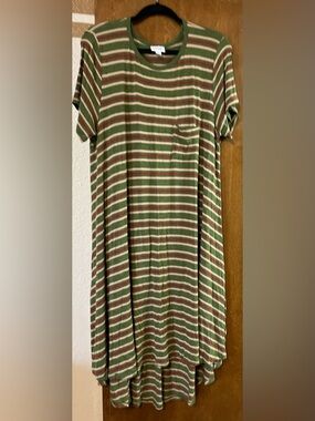 LuLaRoe Carly Olive Green, Red & Cream Striped Dress